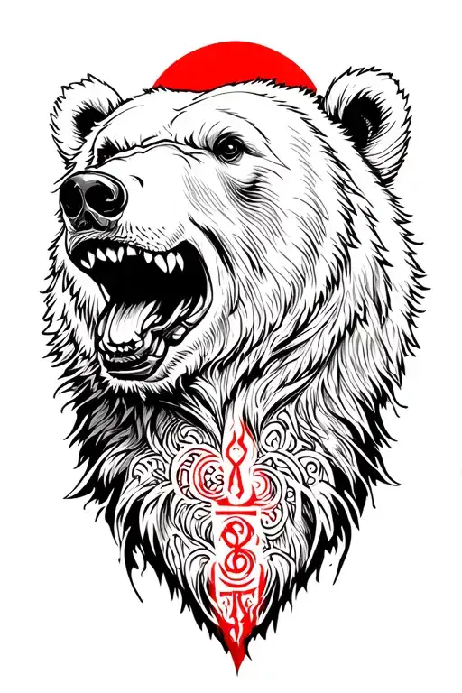 grizzly bear with viking runes, death and blood moon tattoo design idea