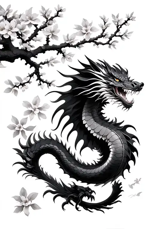 Cherry blossom with branches in background and Asian dragon flying in foreground tattoo design idea