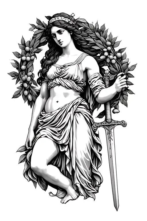 greek goddess nike holding a sword and olive wreath tattoo design idea