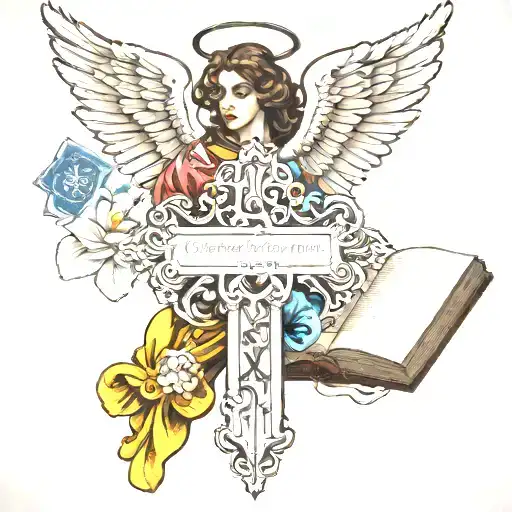 cross wirh bible quote and angel tattoo design idea