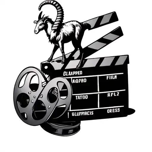 A Capricorn sea-goat standing atop a clapperboard, which has a film reel winding around it. The reel transforms into a m tattoo design idea