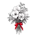 can you create a tattoo bouquet of orchids, ucaliptus, pansies, lupine, rose and daffodil with a thin red bow  tattoo design idea
