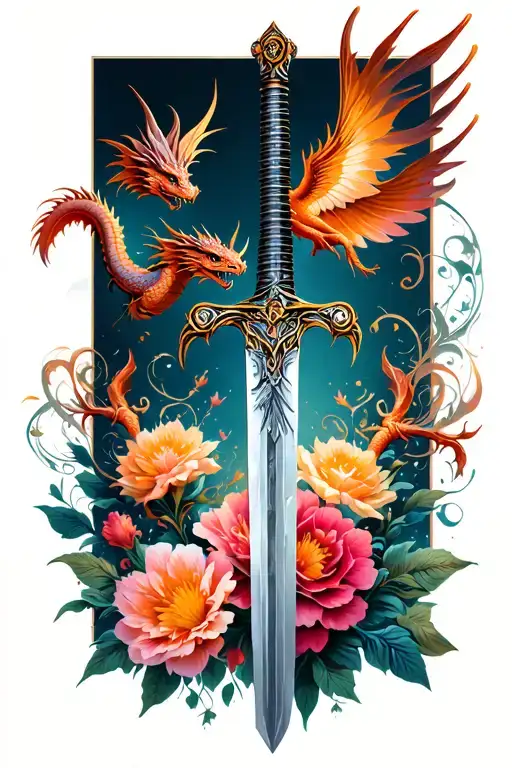 sword with flowers and small dragons flying tattoo design idea