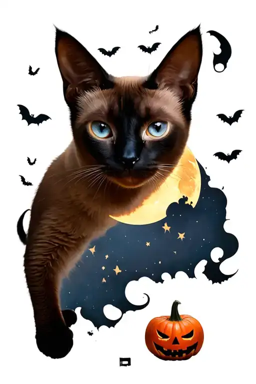 siamese cat moon surrounded halloween pumpkin tattoo design idea