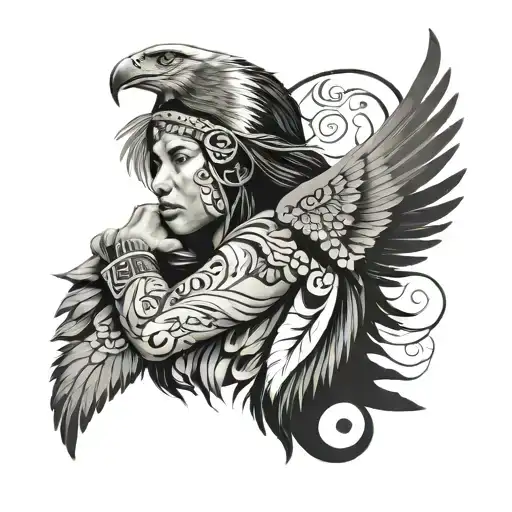 indigenous women with an eagle and butterfly emerging tattoo design idea