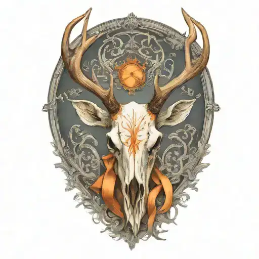 bull elk skull with antlers, tattered orange ribbon wrapped around antlers tattoo design idea