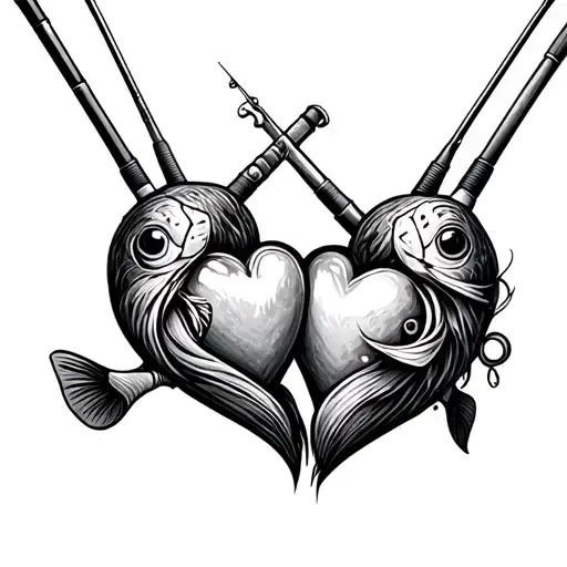 two fishing rods catching one heart intertwined tattoo design idea