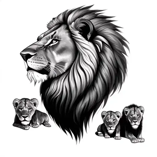 male lion a female lion and 3 baby lions head tattoo design idea
