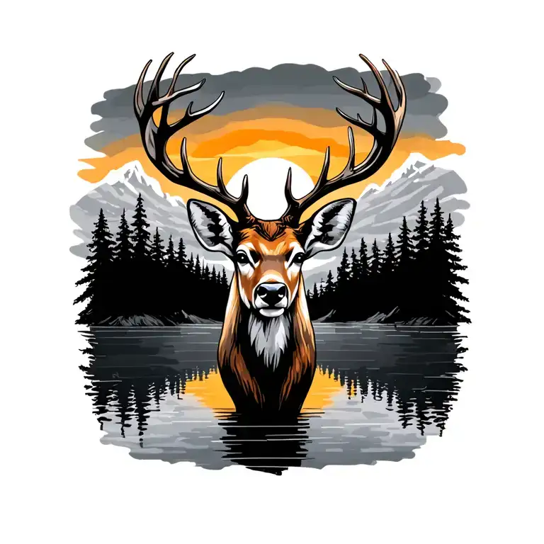 deer head with trees colors sunset over lake tattoo design idea