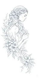 Ethereal feminine sleeve, interlinked Aries Cancer, birth flowers,, fine line dotwork tattoo design idea