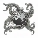 A black and grey octopus design wrapping around a globe, symbolizing your global travels as a sailor and your affinity for the ocean tattoo design idea