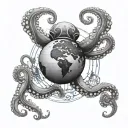 A black and grey octopus design wrapping around a globe, symbolizing your global travels as a sailor and your affinity for the ocean tattoo design idea