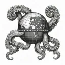 A black and grey octopus design wrapping around a globe, symbolizing your global travels as a sailor and your affinity for the ocean tattoo design idea