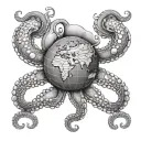 A black and grey octopus design wrapping around a globe, symbolizing your global travels as a sailor and your affinity for the ocean tattoo design idea