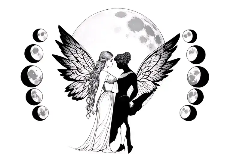 fairy woman in love with knight angel in front of moon phases tattoo design idea