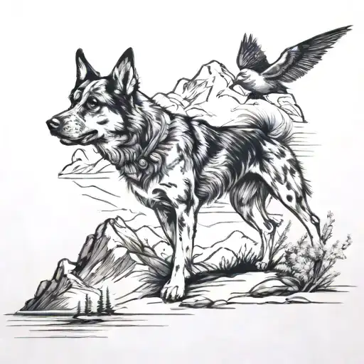 dog in mountains near lake with birds flying tattoo design idea