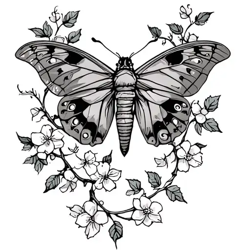 tramp stamp with moth in the middle with vines on the side with tiny cherry blossoms and leaves  tattoo design idea