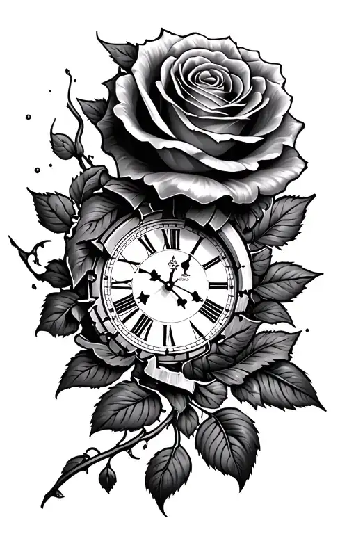 broken clock rose surrounded tattoo design idea