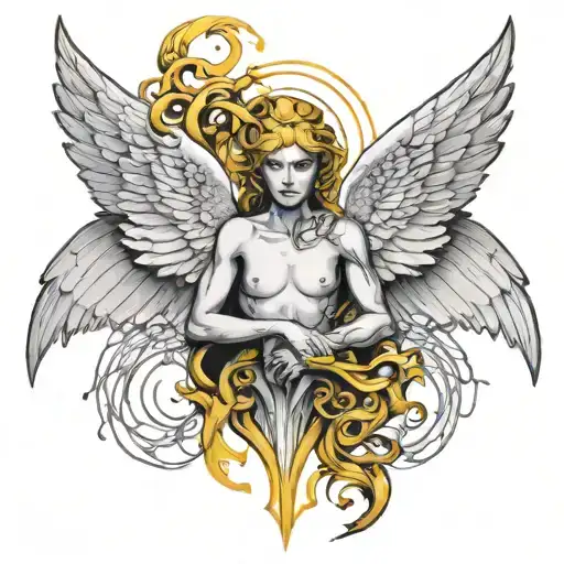 seraphim angel symmetrical, yellow eyes looking tattoo design idea