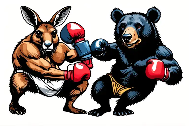 kangaroo and black bear boxing in 1920 fighter styler with boxer shorts and boxing gloves tattoo design idea