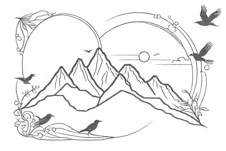 mountain, sun, birds tattoo design idea