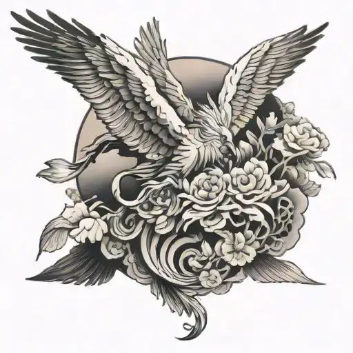 Japanese style, lion, and crane flying tattoo design idea