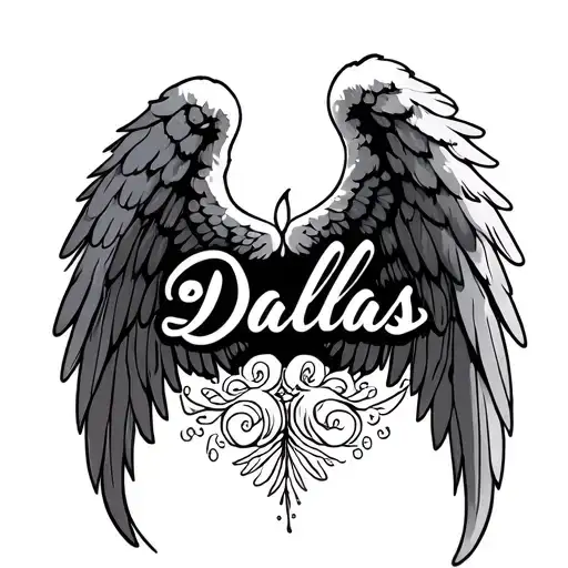 angel wings with the name Dallas in cursive tattoo design idea