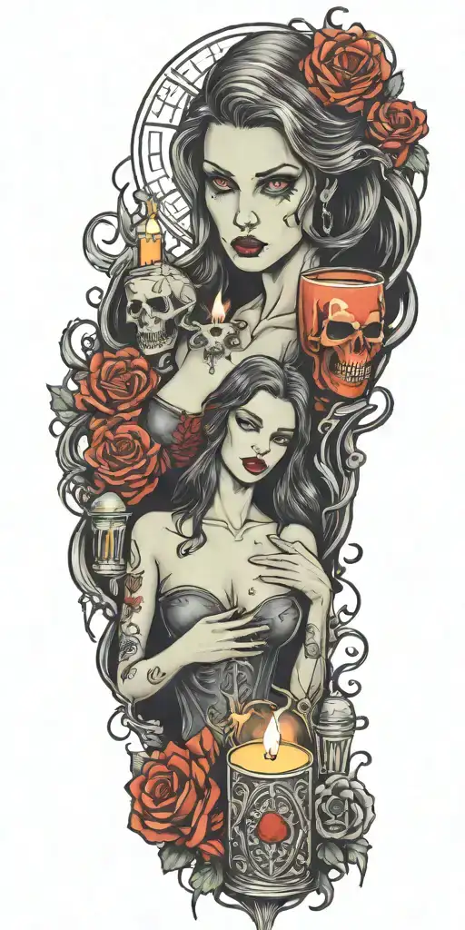 multiple vampire blood women candle burning cemetary background tattoo design idea