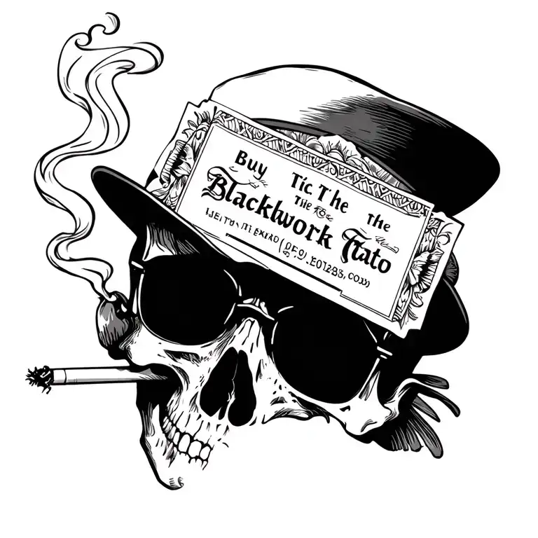 black and white tattoo design, skull with sunglasses and hat smoking a cigarette, combined with ticket saying 'Buy the t tattoo design idea
