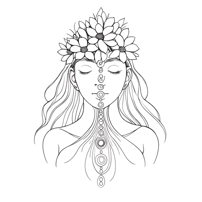 spiritual Woman with flowers  growing out of her head with all 7 sanskirt chakras throughout her body tattoo design idea
