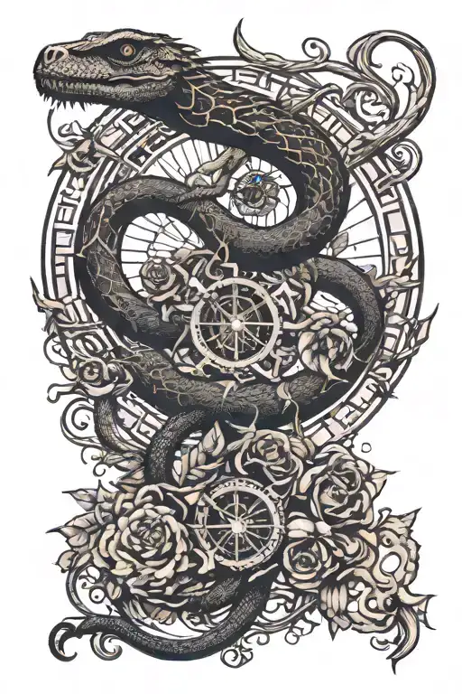 tree snake one pyramid black eagle waterfalls eyeball wheelchair sun, moon ,whale, dragon emersing,grimreap skull roses  tattoo design idea