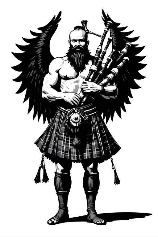 shirtless muscular bagpiper bald black beard playing bagpipes huge black wings black background tattoo design idea