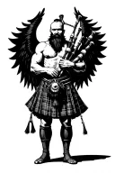 shirtless muscular bagpiper bald black beard playing bagpipes huge black wings black background tattoo design idea