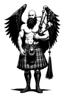shirtless muscular bagpiper bald black beard playing bagpipes huge black wings black background tattoo design idea