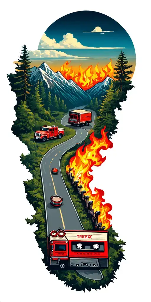 map with landmarks with road, mountains, trex fire truck, mountain bike drum set, cassette tape, book on fire, tattoo design idea