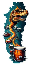 map with landmarks with road, mountains, trex fire truck, mountain bike drum set, cassette tape, book on fire, tattoo design idea