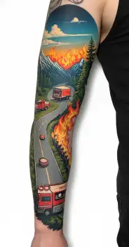 map with landmarks with road, mountains, trex fire truck, mountain bike drum set, cassette tape, book on fire, tattoo design idea