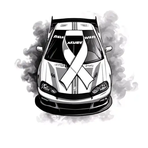 Nascar racing hood draped with cancer ribbon with smoke in the background tattoo design idea