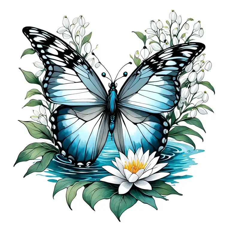 Aquarius and Pisces butterfly surrounded by water and lily of the valley tattoo design idea