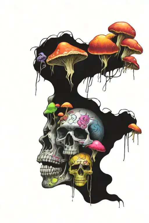 psychedelic mushrooms bent figures emerging skulls and eyes  tattoo design idea