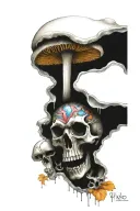 psychedelic mushrooms bent figures emerging skulls and eyes  tattoo design idea