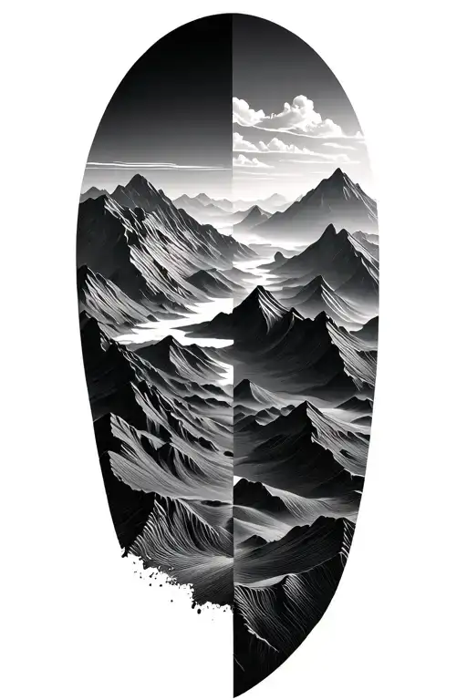 the lower half is a 2D map topography lines with the top half more 3D realistic of mountains. the transition is soft tattoo design idea
