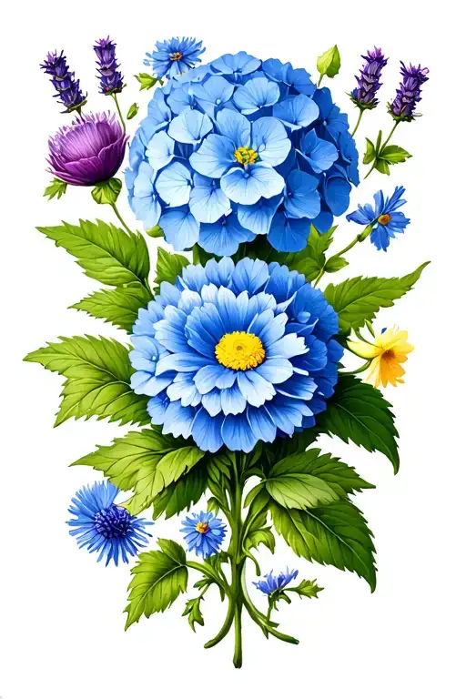 blue hydrangeas, lavender, cornflower, thistle, Tudor rose, common daisy, Marguerite daisy, poppy, daffodil like a vine tattoo design idea
