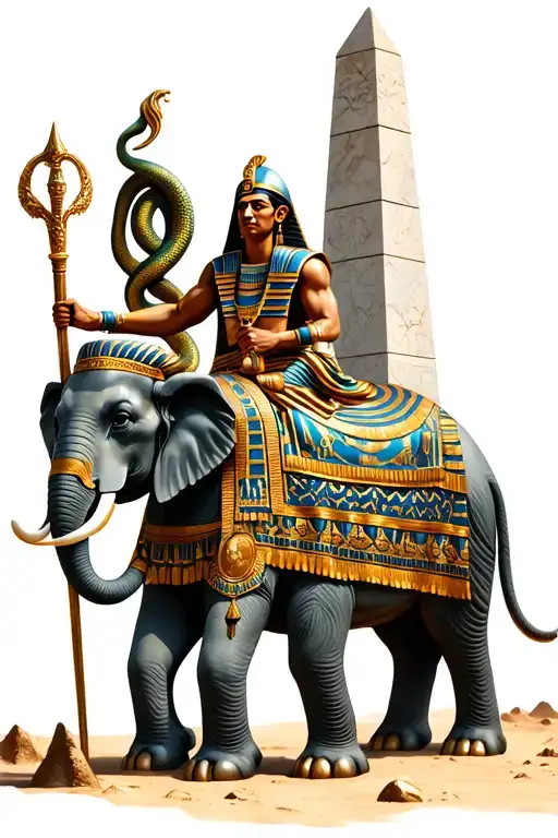 pharaon holding staff with two serpents riding elephant with marble egyptian obelisk and marble blanket on its back. tattoo design idea