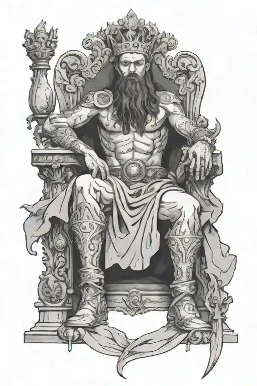 askeladd sitting in a room throne holding a head with bodies beneath his feet in a big pile  tattoo design idea