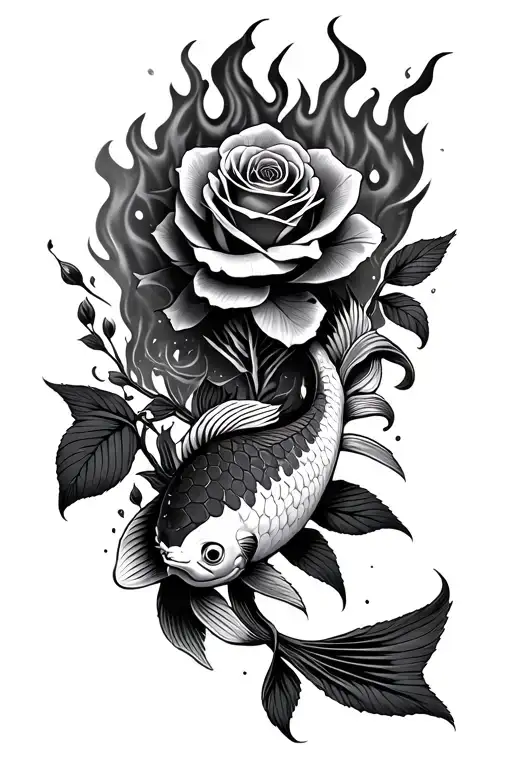 cybersiglism, bones, roses, fire, and a koi fish tattoo design idea