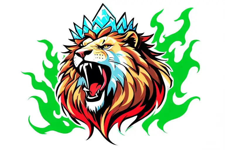 A lion head roaring with green and red flames behind it and the lion has a blue ice crown tattoo design idea