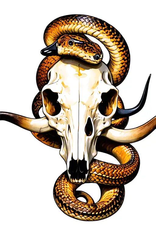 Texas longhorn skull and rattle snake wrapped tattoo design idea