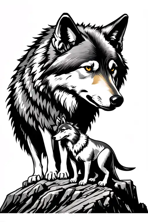 two wolf brothers, an older one on top of the younger one on a rocky mountain tattoo design idea