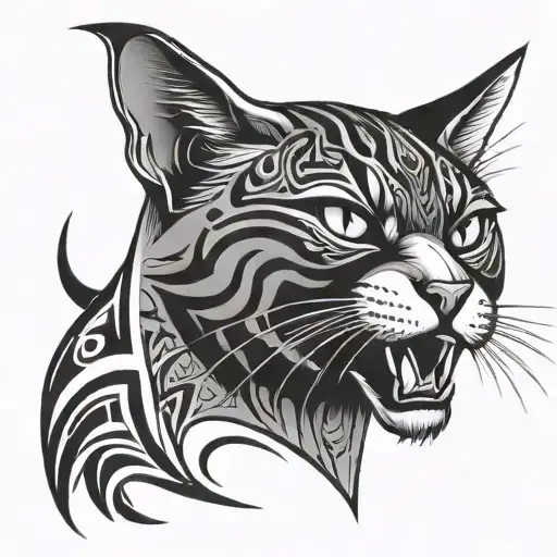 aggressive black and white domestic cat head in attack Tribal tattoo tattoo design idea